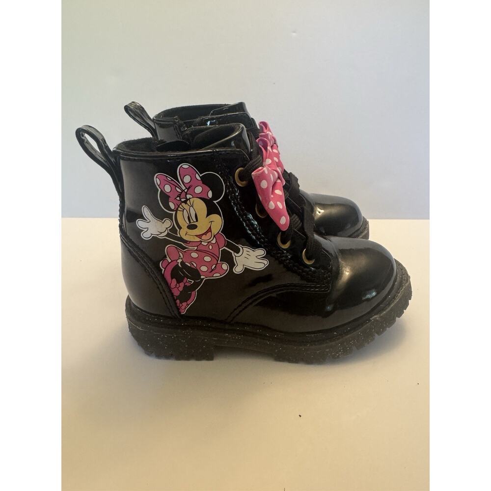 Disney Minnie Mouse Boots Toddler Girls Size 6 Black Patent Bow Zip - Picture 4 of 7